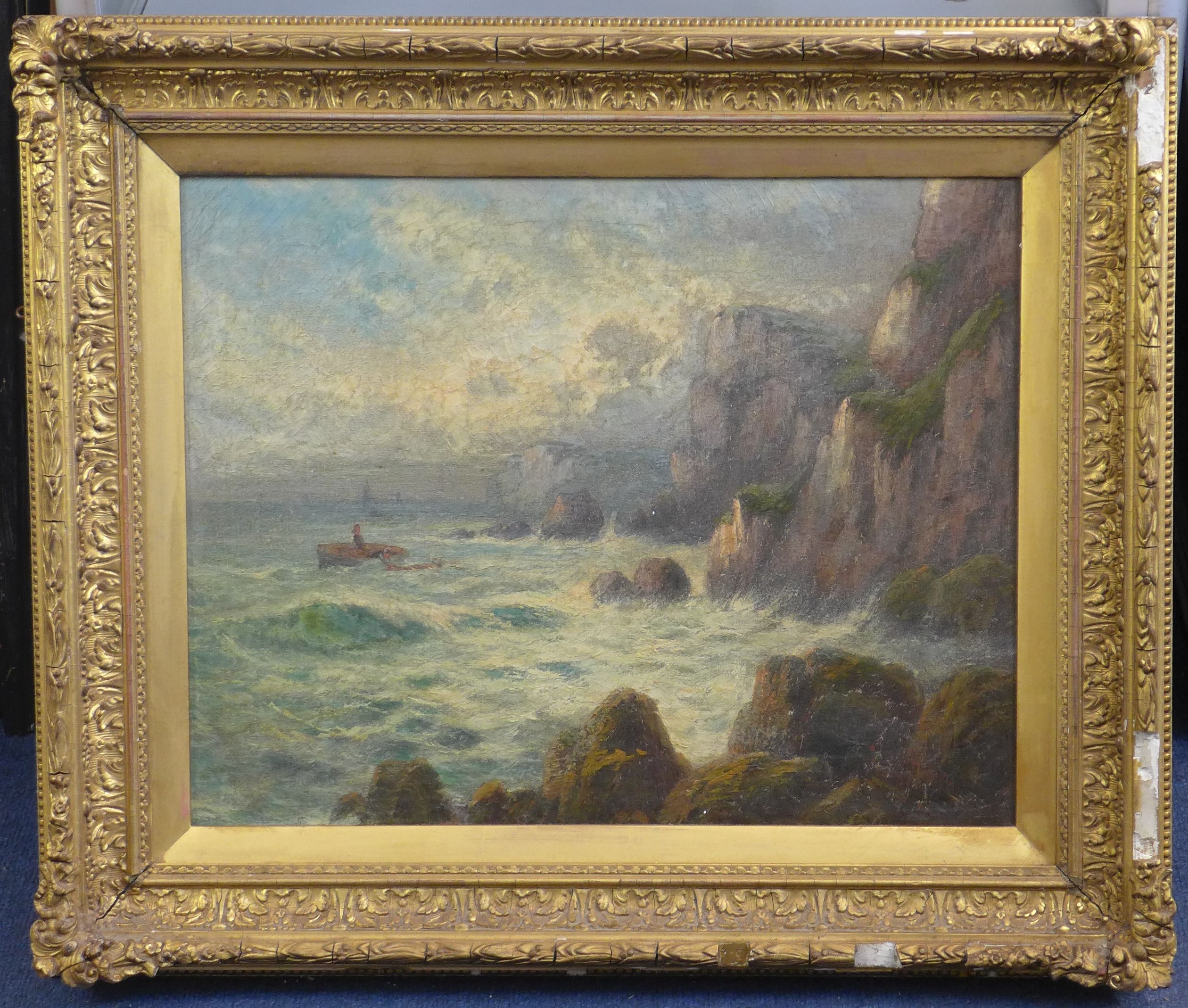 Frank Hider (1861-1933) Coastal scene with fishermen beside sea cliffs, 35 x 44cm.